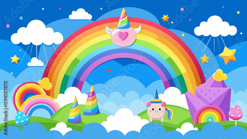 Vector art of a magical birthday celebration features a bright rainbow, adorable unicorns, festive balloons, and enchanted landscapes under a starry sky