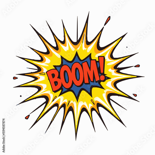 Colorful comic book style explosion illustration with the word boom on a white background