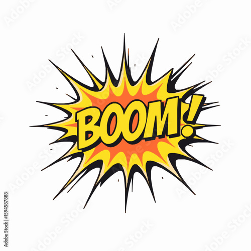 Comic book style boom sound effect with bursting star shape design on white background
