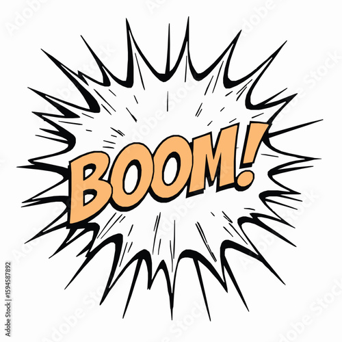 Comic book style boom sound effect with orange text and white background