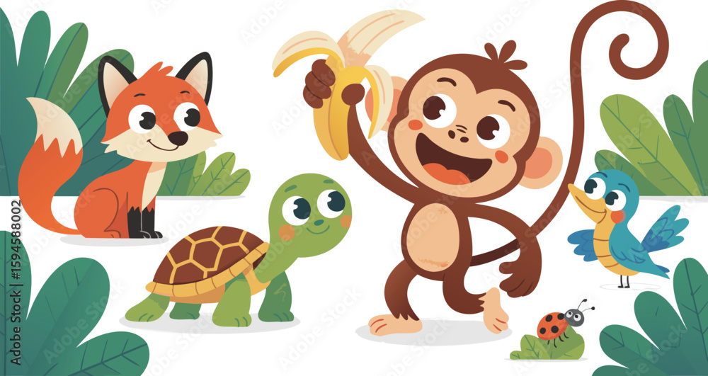 Naklejka premium Cartoon Animals with Banana and Ladybug, Fox, Turtle, and Bird Surrounded by Lush Greenery