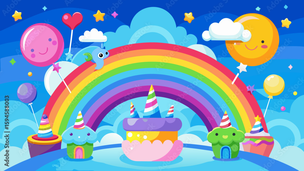Naklejka premium Vector art of a whimsical scene unfolds with a vibrant rainbow arching over a delightful collection of unicornthemed cupcakes and sweet treats under a cheerful sky