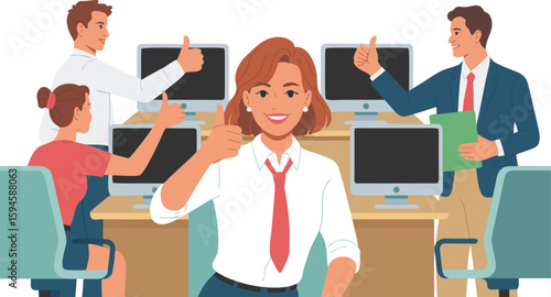 Cartoon Business Team Approving New Technology with Thumbs Up Gestures Around Desks and Computers