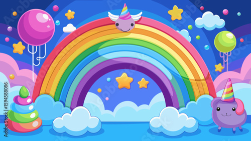 Vector art of a charming unicorn character with a rainbow, clouds, and colorful balloons and toys
