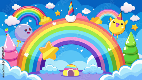 Vector art of a cheerful cartoon unicorn and a happy bird frolic under a bright rainbow, surrounded by stars and clouds, in a magical and whimsical fantasy land