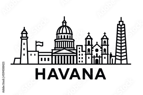 Havana skyline with El Capitolio, cathedral and lighthouse illustration