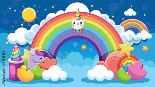 Vector art of a magical unicorn and rainbowthemed birthday scene with festive decorations and clouds