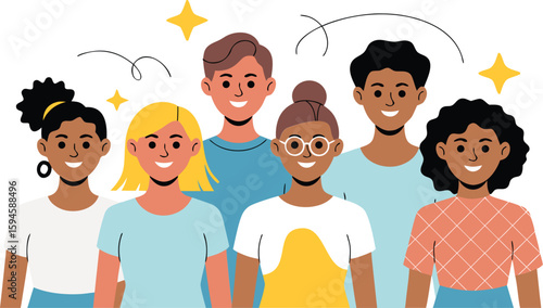 Cartoon Illustration of a Diverse Group of Smiling Young Adults Standing Together with Stars