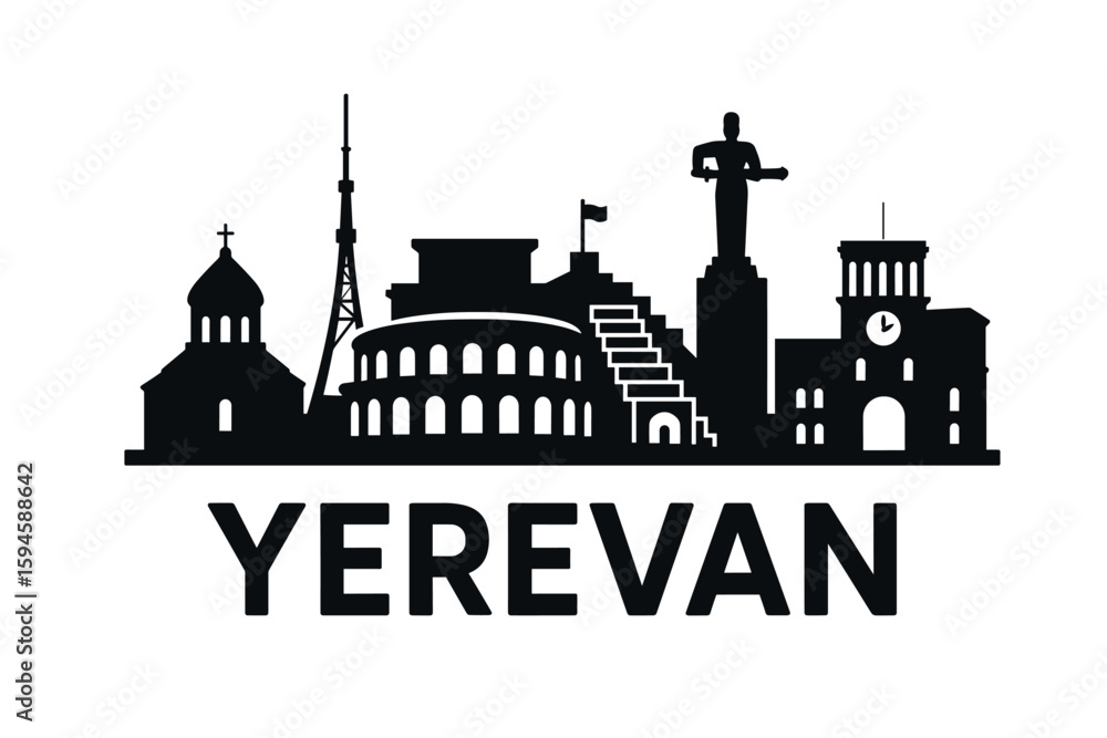 Obraz premium Black Silhouette Skyline of Yerevan with Famous Landmarks
