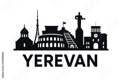 Black Silhouette Skyline of Yerevan with Famous Landmarks