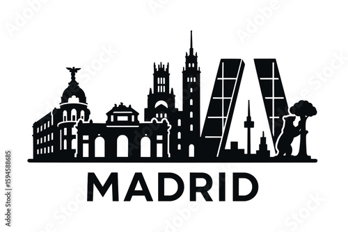 City skyline with iconic buildings and landmarks of Madrid