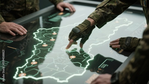 Soldiers analyzing a digital map for tactical operations.