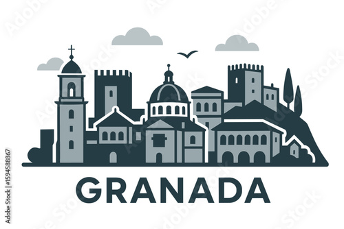 City skyline with iconic buildings and landmarks of Granada