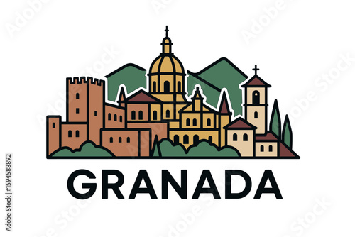 City skyline with iconic buildings and landmarks of Granada