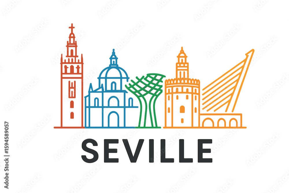 Naklejka premium City skyline with iconic buildings and landmarks of Seville