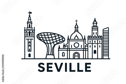 City skyline with iconic buildings and landmarks of Seville