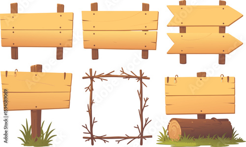 Cartoon Wooden Signs and Frames with Various Shapes, Textures, and Natural Accents