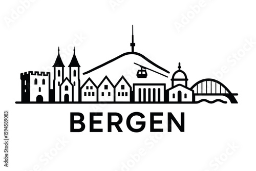 City skyline with iconic buildings and landmarks of Bergen