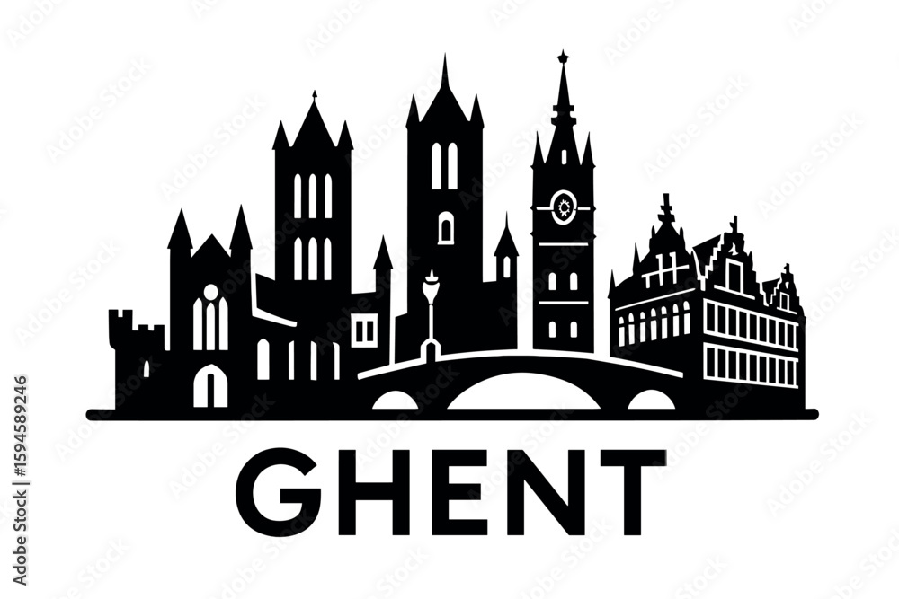 Naklejka premium City skyline with iconic buildings and landmarks of Ghent