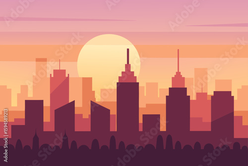 City Skyline Sunrise with Gentle Light and Clear Sky Illustration