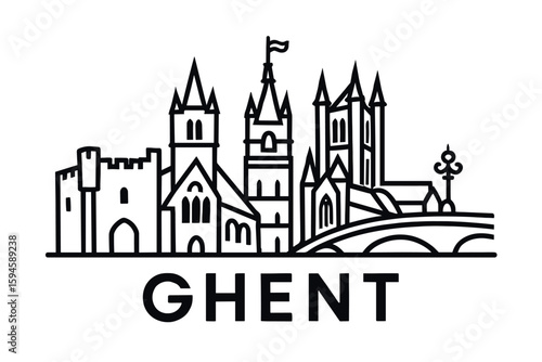 City skyline with iconic buildings and landmarks of Ghent