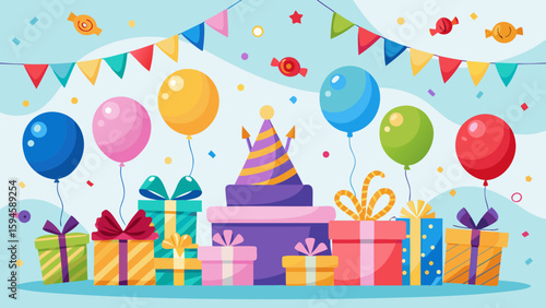Vector art of a festive birthday gathering featuring a tiered cake, colorful balloons, and beautifully wrapped presents