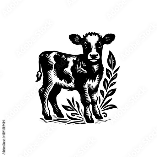 Adorable Black and White Calf Illustration.