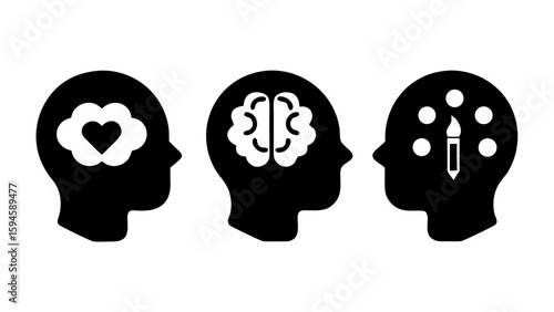 Three human head profiles each containing a heart in a cloud, a brain, and a paintbrush with paint dots silhouette