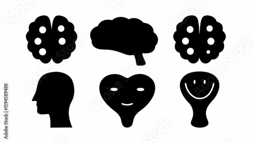 Black and white illustration depicting brain variations head heart and a smiling abstract shape aligned silhouette