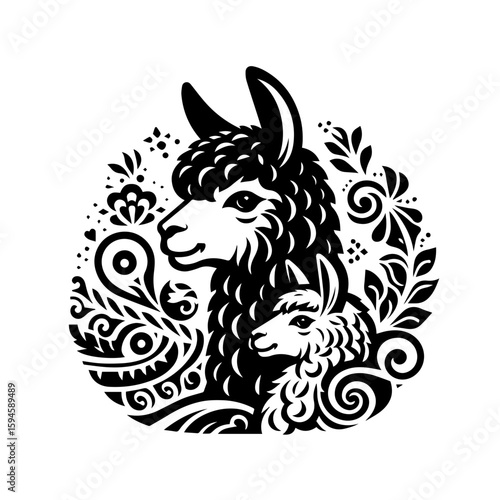 Black and White Stylized Alpaca Family Portrait.