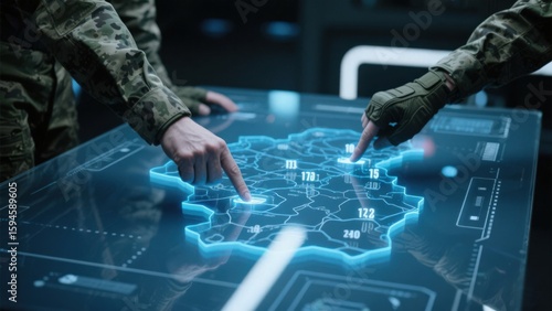 Soldiers analyzing a tactical map in a high-tech setting.