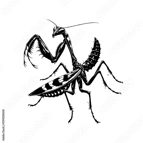 Detailed Black and White Praying Mantis Illustration.