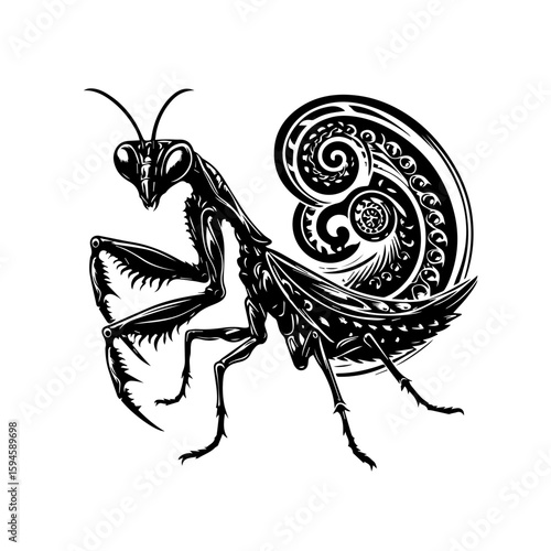Stylized Black Praying Mantis Tattoo Design.