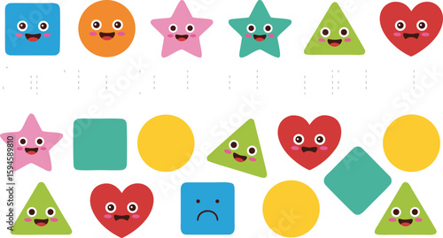Colorful Cartoon Geometric Shapes with Facial Expressions Squares, Circles, Stars, Triangles, and Hearts