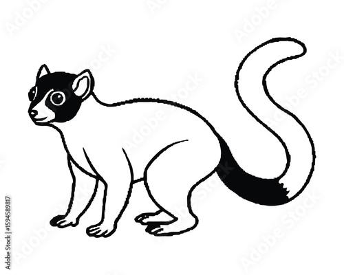 Stylized black and white illustration of a lemur with a long bushy tail