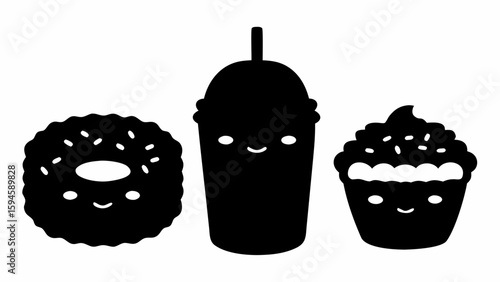 Black silhouette of a donut, a drink with straw and a cupcake with sprinkles, all with smiling faces