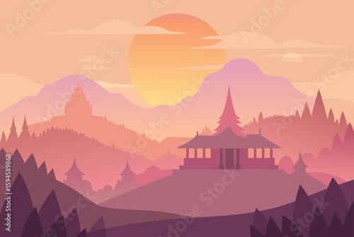 Mist Over Village at Sunrise with Distant Temple