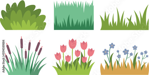 Colorful Cartoon Illustration Featuring Green Bushes, Grass, Reeds, Tulips and Blue Flowers on White