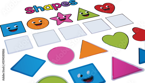 Colorful Cartoon Shapes Hearts, Circles, Stars, Triangles, and Squares with Happy Smiling Faces on White