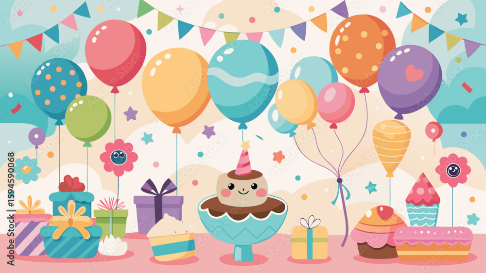 Obraz premium Vector art of a whimsical birthday party with a smiling cake character, balloons, gifts, and festive banners
