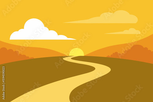 Path in Countryside Lit by Golden Morning Sky Illustration