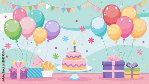 Vector art of a joyful birthday scene featuring a lit cake, balloons, presents, and festive decorations