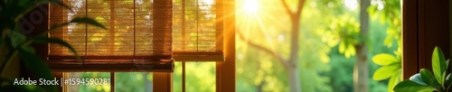 Warm sunlight filters through bamboo window shades, highlighting lush green foliage , windowpane, serene, tropical