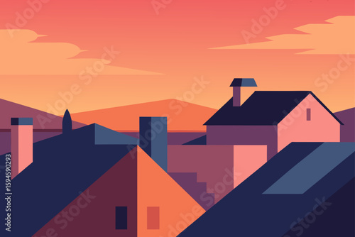 Rooftops in Morning Light with Pink Orange Sky Art