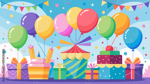 Vector art of a lively birthday panorama features a multilayered cake, cupcakes, wrapped gifts, and floating balloons beneath a colorful festive banner