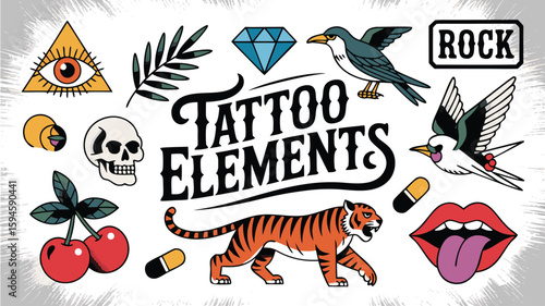 Colorful Tattoo Elements Birds, Tiger, Skull, Lips, Diamond, AllSeeing Eye, Cherries, and More