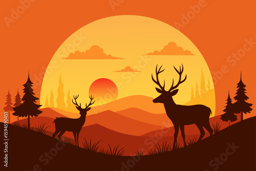 Silhouettes of Deer in Field Under Sunrise