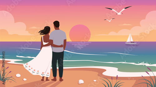 Couple Embracing on Beach Watching Sunset with Sailboat and Seagulls Against Colorful Sky