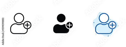 set of pixel perfect colored Add user icon, 1 silhouette, 1 Unexpanded, Icon showing a user silhouette with a plus sign, symbolizing user addition or account creation.