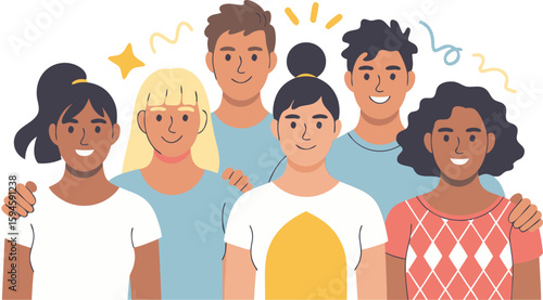 Diverse Group of Smiling Young Adults with Arms Around Each Other in a Illustration